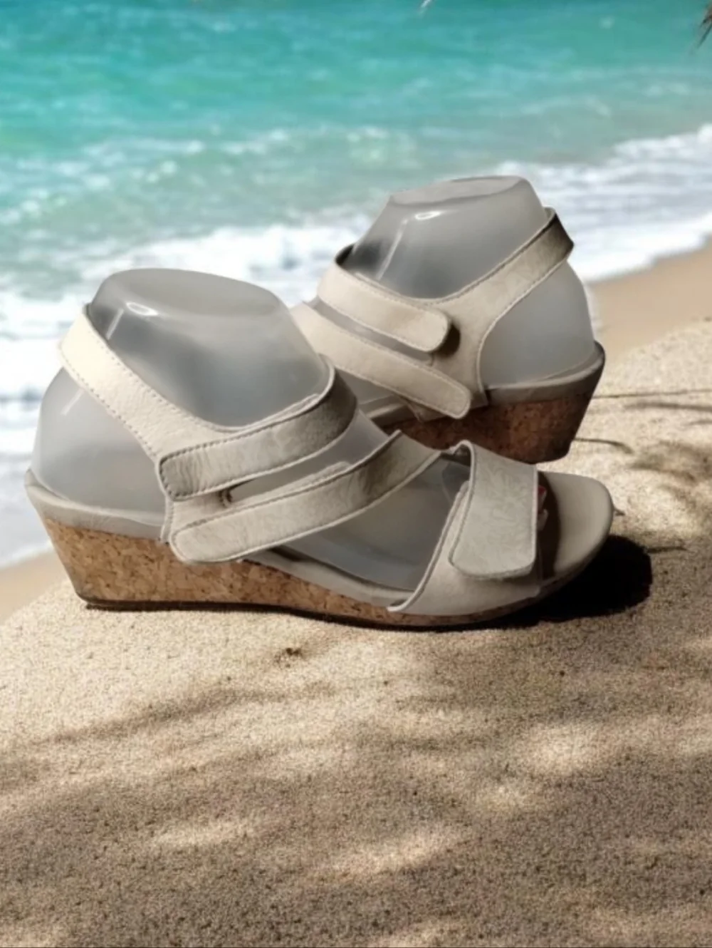 Propet Comfort Cork Wedge Leather Sandals - Ivory Size 8